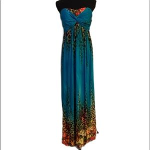 Joseph Ribkoff SZ 15 Turquoise Strapless Animal Print Maxi Dress